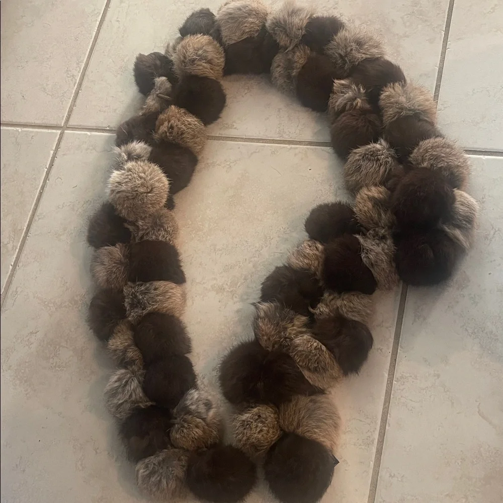 Vintage GENUINE RABBIT FUR POM POM Scarf Wrap Shawl OS  63 inches